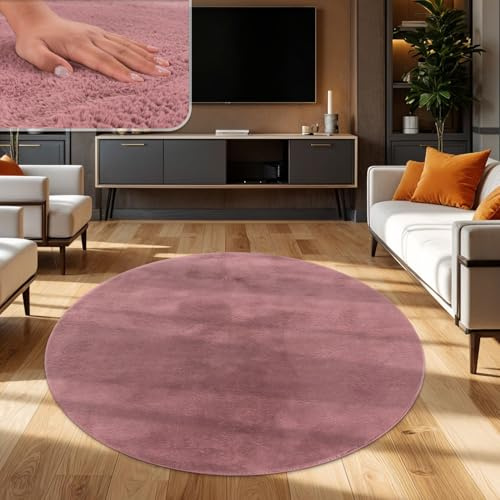 TT Home Wohnzimmer Teppich Hochflor Langflor Kunstfell Weich Modern Unifarben Flauschig, Farbe:Rosa Mauve, Größe:100 cm Rund