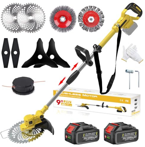 Cordless Grass Trimmer, 4-In-1 Garden Strimmer Cordless with 2 x 4.0Ah Battery and Blades, Cutting width 25cm, Telescopic handle, 90° Head pivots, for Lawn Garden Pruning (Yellow)