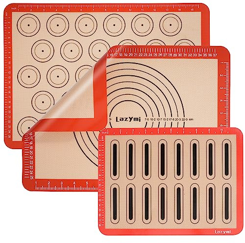 Lazymi 3 Pièces Tapis de Cuisson en Silicone, Anti-Adhérent Feuille de Cuisson Patisserie avec Mesures, Tapis de Four en Silicone pour Macaron/Biscuit/Pâte, Set de Table Réutilisable (Rouge)