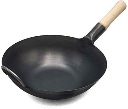 OQHAIR kitchen pots and pans Wok Fry Pan Non Stick Frying NonStick Wrought Iron Round Bottom Wok With Wooden Single Handle Uncoated Oldfashioned iron pot home wok Frying Pan (Flatbottom 3