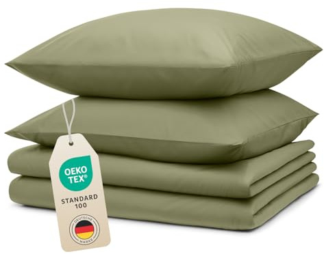 Blumtal Bettwäsche 2X 135x200cm + 2X 40x80cm Kopfkissenbezug - Oeko-TEX zert. Mikrofaser Bettwäsche Set - Mikrofaser Bettbezug - Deckenbezug + Kissenbezug 4-teilig - Duvet Cover Light Olive Grün