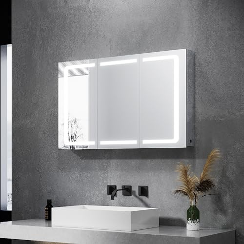 SONNI Spegelskåp badrum med belysning 105 x 65 cm IP44 vattentät rostfritt stål LED dubbla dörrar badrumsskåp, med uttag och vippströmbrytare för badrum