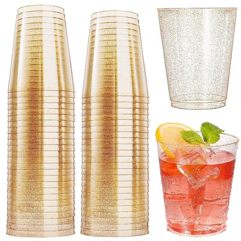 Bicchieri Cocktail Plastica, 50 Pezzi, 300 ml, Paillettes Dorate, Riutilizzabile, Plastica Rigida, Adatto ad Ogni Occasione