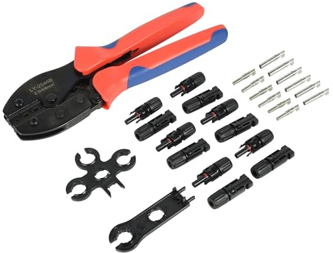 Electraline 59232 Kit pince et connecteurs pour panneaux photovoltaïques, pince à sertir solaire pour câbles de section 2,5-4-6 mm, 6 connecteurs complets MC4 (mâche+femelle+terminal), 2 clés, et sac