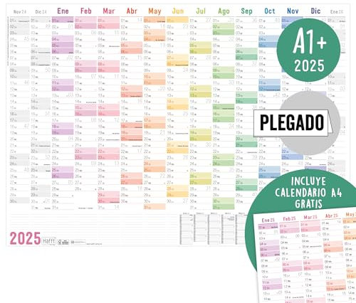 Häfft® XXL Wandkalender 2025 A1+ auf Spanisch (89 x 63 cm) gefalzt  + gratis A4 Jahresplaner, Wandplaner mit spanischen Feiertagen - nachhaltig & klimafreundlich