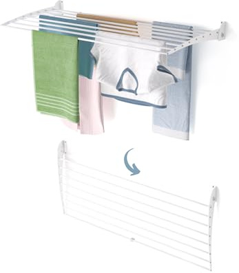 Foxydry Fold, wandwäscheständer, klappbar platzsparend, 116 cm | aus aluminium und edelstahl, nach unten klappbar, rostfrei, für terrasse und balkon, trägt 10 kg, weiß