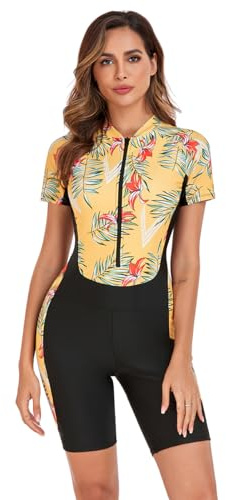 Odizli - Costume da bagno burkini da donna musulmana, con maniche lunghe/corte, zip, costume da bagno per surf, a corto, moda mare, giallo/nero, L