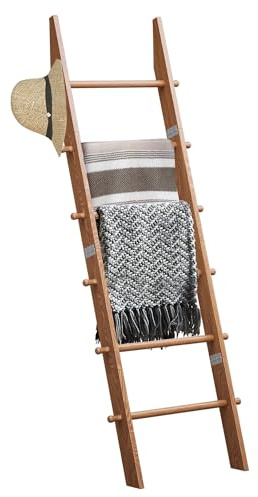 TEAKMAMA 6-Tier Blanket Ladder with Hanging Knobs, 5.5 Ft Tall Wall Leaning Blanket Ladders for Living Room, Rustic Decorative Ladder Rack for Storage and DIY Home Decor, Easy to Assemble, Honey Brown