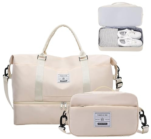 JXCTNNU Bolsas de Viaje Bolsas de Deporte Bolsa de Gimnasio Impermeable Bolsa de Mano Equipaje Fin de Semana con Bolsa Húmeda y Zapatero para Hombre Mujer (Beige)
