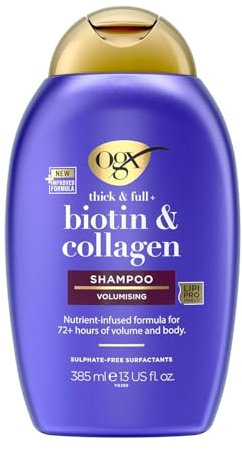 OGX Biotin und Collagen Shampoo 385 ml,reichhaltiges Haarshampoo für 72h+ Volumen und Fülle mit Biotin und Kollagen,Haarpflege Volumen Shampoo für feines und dünnes Haar mit LipiPro Shield Technologie