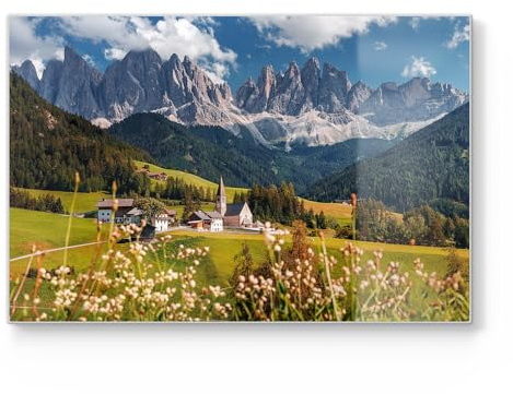 DEQORI Schneidebrett aus Glas | groß 30x20 cm | Motiv Charmantes Dolomitental | Design Schneideplatte für Küche | Frühstücksbrett antibakteriell & rutschfest | Glasplatte & Servierplatte