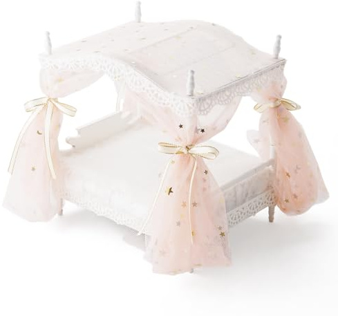 Odoria Puppenhaus Prinzessin Bett Miniatur: 1/12 Maßstab Puppenbett Rosa Luxuriös für 15cm Puppe Schlafzimmer - Mini Himmelbett Möbel Holz mit Betthimmel