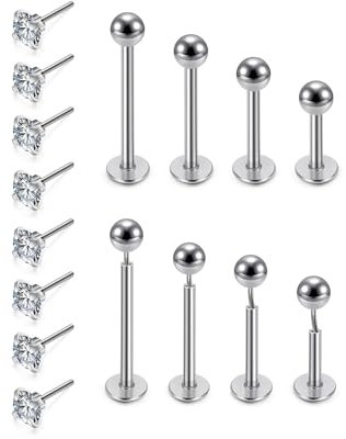 PiercingJak 16G Chirurgenstahl Lippenpiercing Labret Monroe Tragus Helix Piercings Silber Stud Ohrringe mit Kugel Zirkonia Puch In Ohrpiercing Stecker 6mm 8mm 10mm 12mm