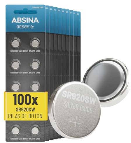 ABSINA 100er Pack SR920SW Uhrenbatterie 1,55V Silberoxid LR921 371 370 AG6 | Uhren Knopfzelle LR69 SR920SW auslaufsicher & lange Haltbarkeit - Batterie SR 920 SW 1,55 Volt