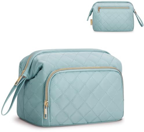Große Kosmetiktasche Damen Make Up Tasche, Schminktasche mit Weiter Öffnung für Make-up und Reisen, Gesteppte Kulturtasche für Toilettenartikel, Grün (Patent Angemeldet)