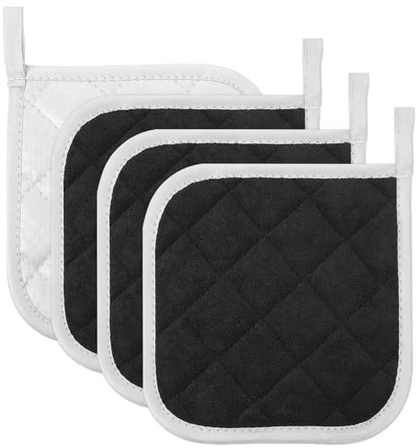 JUNW Lot de 4 maniques carrés résistants à la chaleur, maniques double face noires et blanches pour maniques en tissu, cuisson (4 pièces)