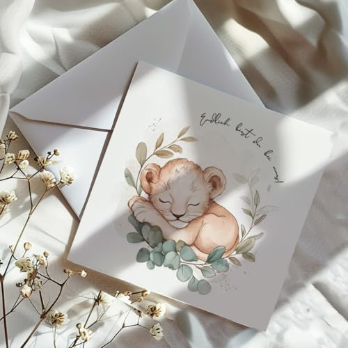 Premium Geburtskarte für Neugeborene Gratulationskarte Neugeborenes Baby Eltern Geschenk14 x 14 cm Karte inkl. schönem Kuvert Geburtskarte LÖWE Karte zur Geburt Hebamme Schwangerschaft Baby