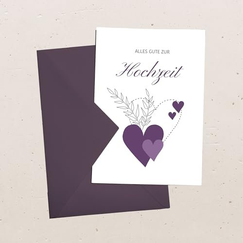 Karte zur Hochzeit “Lila Herzen”, Postkarte oder Grußkarte, auf Wunsch mit farblich passendem Briefumschlag, Format A6 (Grußkarte mit Briefumschlag)
