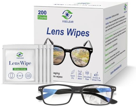 VisClear Linsenreinigungstücher für Brillen, 200 Stück, extra feucht, einzeln verpackt, sicher vor Kratzern und Streifen, Glastücher für Brillen, Kameraobjektive und elektronische Bildschirme
