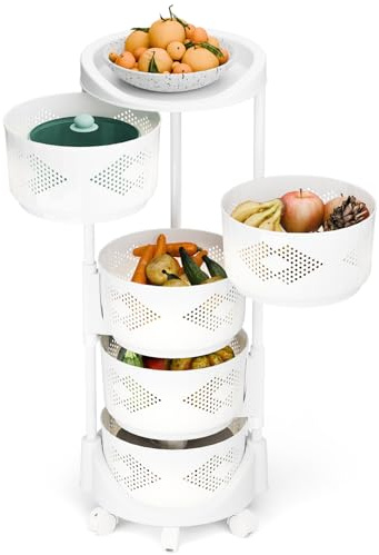 Carrello portaoggetti da cucina su ruote, cesto per frutta per cucina, cestino rotante circolare a 5 livelli, regolabile in altezza, grande scaffale per frutta e verdura con coperchio superiore, per