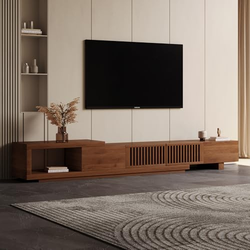 OLEYLUCKLIVE Mid-Century Modern TV-Schrank für 80+ Zoll Fernseher,Ausziehbares TV Lowboard mit Stauraum (198 cm bis 262 cm), Home Entertainment Center in Walnuss für Wohnzimmer,Schlafzimmer