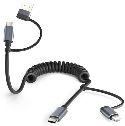 Basesailor 4 in 1 USB C zu Typ C Spiralkabel Auto 1.8M Ladegerät für iPhone | 60W Multi Universal Ladekabel Schnellladekabel mit Lightning/USBC Adapter für Apple 17 16 15 14 13 Pro Plus,iWatch 11 10 9