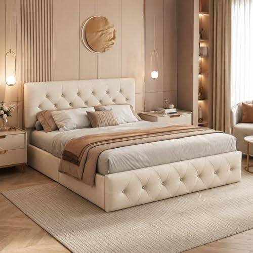 JiaOyu Polsterbett 140x200 cm mit Stauraum, Beige doppelbett mit lattenrost