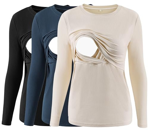 Love2Mi Lot de 3 t-shirts d'allaitement côtelés à manches longues pour femme - Double couche - Vêtements de maternité