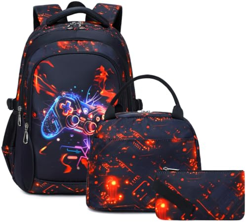SOMBLG Schulrucksack Jungen Teenager Rucksäcke Kinder Schulranzen Grundschule Mittel Buchtasche Große Wasserfest 18 Zoll Mittagstasche 3 Pcs