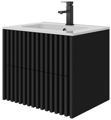 UEV Waschtisch mit Unterschrank, Waschbeckenunterschrank 60cm hängend | Waschplatz, Keramik Waschbecken, Badezimmmer Möbel für Gäste WC, Badmöbel Set, Schwarz