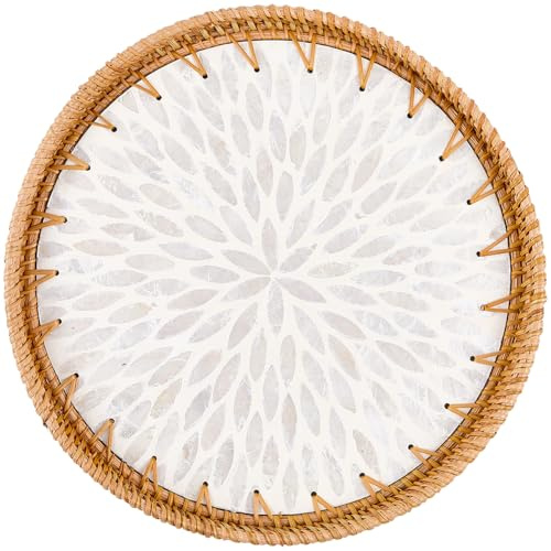 CREATCABIN Rundes Rattantablett Gewebtes Serviertablett Korbplatte Für Heim Und Küchentisch Bauernhaus Teestube Dekorative Dinnerpartys Couchtisch Essens/Getränke/Obstkorb 30x30cm Weiße Blattschale