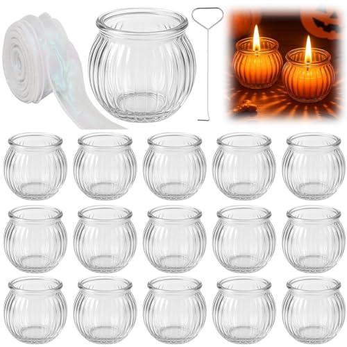 16 Stück Teelichthalter Glas Durchsichtig - 5cm x 5.5cm Kürbis Teelichtgläser Klein mit Schleife & Kerzenlöscher, Mehrweg Teelichter Gläser Kerzengläser Vintage Klar für Hochzeit Windlicht Partys Deko