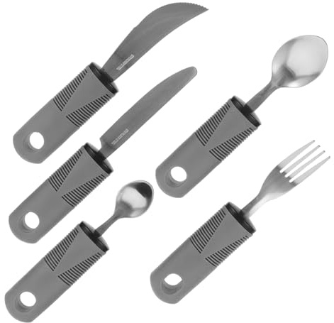 ELAYARD Cubiertos Adaptativos Antivibración para Personas Mayores con Mango Antideslizante Ergonómico Cucharas y Tenedores Ligeros de Acero Inoxidable y PP Utensilios de Alimentación