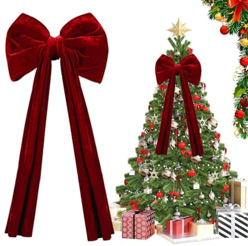 Decorazioni per albero di Natale, grandi decorazioni per albero di Natale in velluto rosso, nastro bordeaux, fiocco rosso gigante con lunghe stelle filanti, regali oversize per feste, albero di Natale