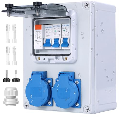 VAYALT Répartiteur mural pré-câblé - Répartiteur de courant de construction avec interrupteur FI 25 A+LS - Disjoncteur 16 A - 2 prises Schuko 230 V - Boîtier étanche IP67 - Répartiteur de courant de