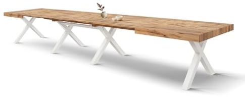 PAZZO DESIGN Table extensible Roberta, table de salon, table de cuisine, chêne rustique, pieds croisés blancs en X, de 180 à 480 cm, fabriquée en Italie - id_2407