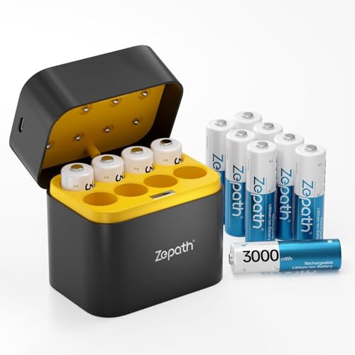 Zepath Wiederaufladbare AA Lithium Akkus 1.5V 3000mWh, 12 pcs mit Ladegerät | 12 AA Akkus, 3000mWh Kapazität, wiederaufladbar, konstante 1,5V Leistung, Ladegerät enthalten