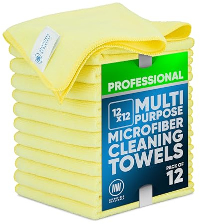 MW PRO Microfiber Cleaning Cloths Yellow (12 Pack, 12x12) - Commercial Janitorial Towels & Lint Free Rags - Heavy Duty for Auto Detailing, Glass Windows, Housekeeping & Screens - Washable 300+ Times