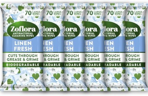 Zoflora Linen Fresh Large Biodegradeable Wipes, Antibacterial Cleaning, 6 x 70 Wipes Pack, Multi-Surface Disinfectant, Removes Odours & Kills 99.9% of Bacteria & Viruses