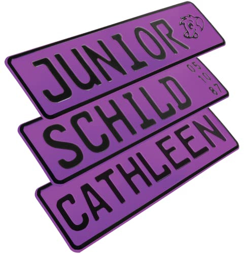 1 Stück Kennzeichen Junior-Schild 34cm x 9cm Bohrung Farbwahl Wunschtext Wunschprägung Muster Datum Namenskennzeichen Bohrung / Saugnäpfen Namensschild Bobbycar Kettcar FUN Schild in Lila