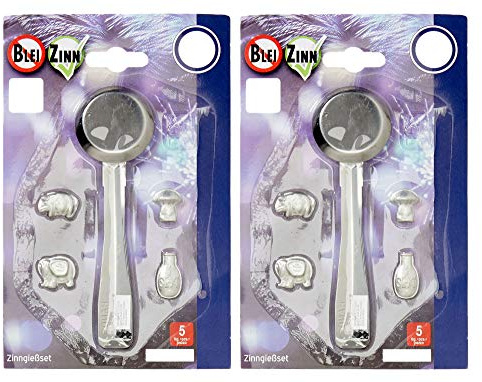 TIB Heyne Zinngießen Zinn Silvester Party Set gießen Zinngießset Alternative zum Bleigießen oder Wachsgießen 5-teiliges Set mit 4 Figuren zum Schmelzen 2X 5-teiliges Set