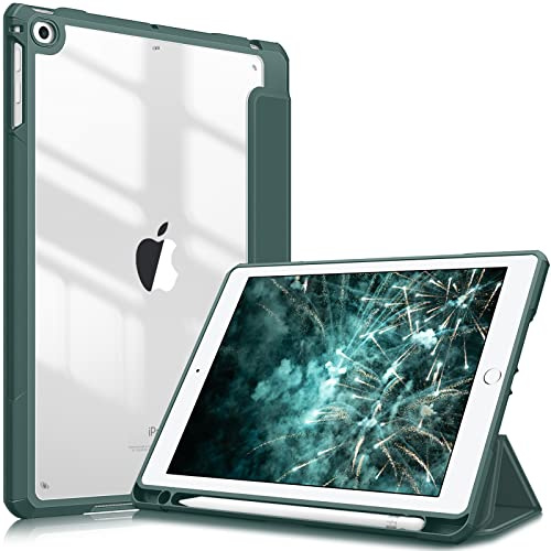 Fintie Hybrid Hülle für iPad (6./5. Gen)2018/2017, iPad Air 2/ Air 9.7 Zoll | Schlankes Hard-PC-Case, Transparent, stoßfest, Standfunktion, Stifthalter & Auto-Sleep/Wake, Dunkelgrün