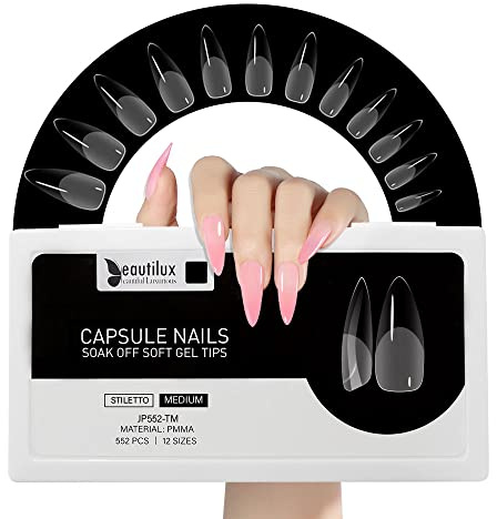Beautilux Nageltips 552 Stück, Medium Stiletto Tips für Gelnägel Transparent 12 Größen, Pre-Buff PMMA Soft Full Cover Nail Tips für Heimmaniküre und Nagelstudios