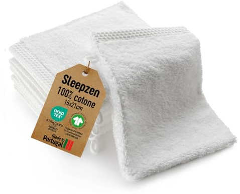 SLEEPZEN - Set di 6 Guanti da Bagno/Lavette in Cotone Biologico (Bianco) - Certificato GOTS - 500 g/m² Cotone a Fibra Lunga - Ultra Assorbenti e Morbidi - Certificato Oeko-Tex - Made in Portogallo