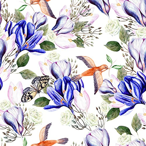 VEELIKE Tapete Blau Blumen Iris 44.5cm×900cm Schmetterling Vogel Tapete Blumentapete Vintage Fototapete Schlafzimmer Romantik Selbstklebende Tapeten Möbelfolie Küche Abwaschbar Klebefolie Badezimmer