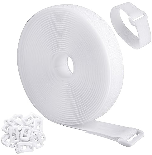 WSZJINB 5m x 2cm Adjustable Cable Straps with 25 Buckles, Free Cut Length, White Reusable Fastening Cable Ties, Hook and Loop Securing Strap for Cable Tidy, Wire Management, Cord Organiser