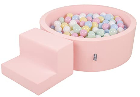 KiddyMoon Foam Playground For Kids With Round Ballpit (200 Balls ∅ 7Cm/2.75In) Soft Obstacles Course And Ball Pool Made In EU, Pink:Pastel Blue/Pastel Yellow/White/Mint/Powder Pink