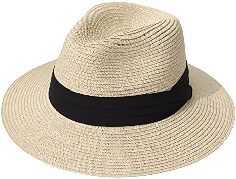 DRESHOW Damen Panama Hut Breiter Krempe Stroh Sommer Fedora Strohhut Panama Aufrollen Hut Strand Rollbar UV Sonnenhut UPF 50 +