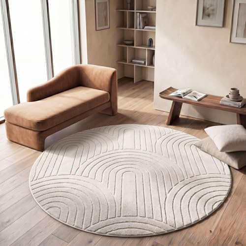 TT Home Wohnzimmer Teppich Schlafzimmer Hochflor Skandinavisches Design Unifarben Geometrisch Boho Style Modern Waschbar, Farbe:Hellbeige Hellcreme, Größe:120 cm Rund