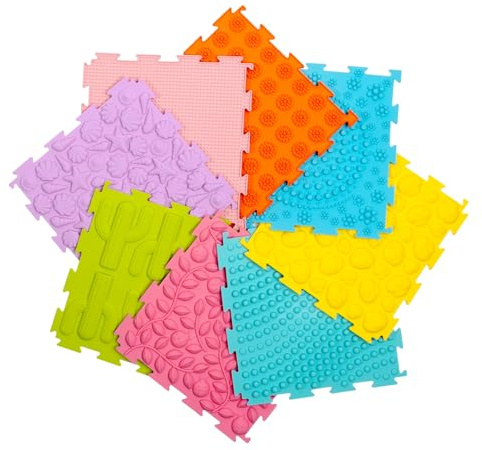 AKIMRABY 8 Pcs Sensory Mats, Sensory Tiles Puzzle Floor Mat for Kids Sensory Room Items，Different Patterns and Colors - Silicone Massage Orthopedic Mat for Children with Autism